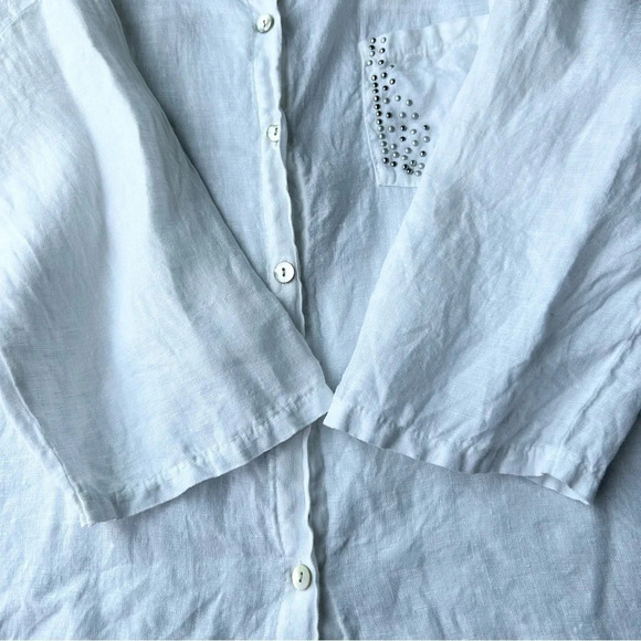 Elissia Pure Linen Studded Accent  White Button Down Shirt Blouse Made in Italy - Picture 11 of 16
